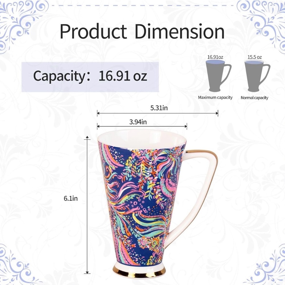 NWT Set of 2 Tall Floral Porcelain Coffee Mugs | 16.9 oz | Gold Base | Gift Box - Picture 3 of 12